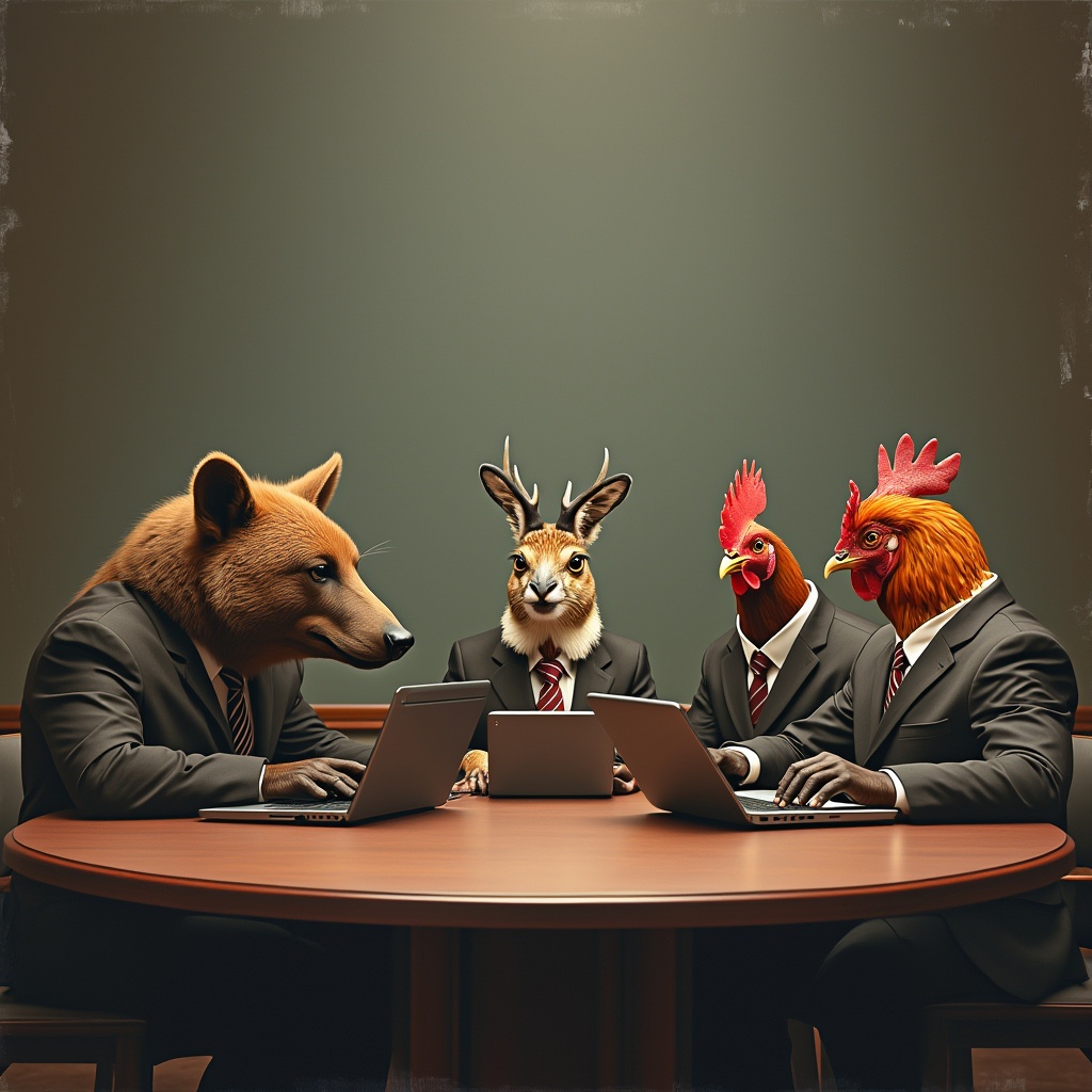 AI generated image by FLUX.1-pro: el texto "IT" en la parte superior, luego se logra ver una mesa redonda donde se observan en reunión un oso pardo, un camaleón, un puercoespín y un pollo, todos con laptops en la mesa, todos están vestidos con traje formal y corbata
