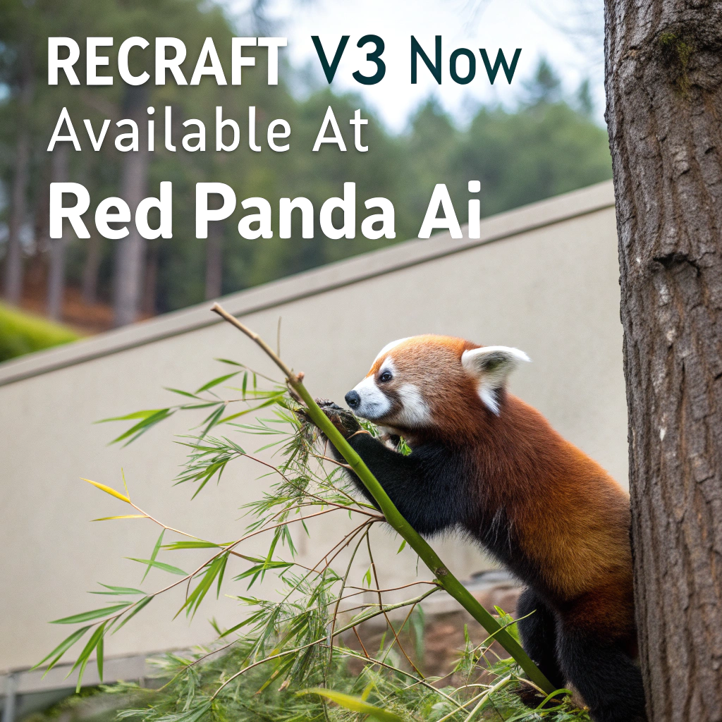 AI generated image by Red Panda AI: a red panda eating a bamboo in front of a poster that says "recraft V3 now available at red panda ai