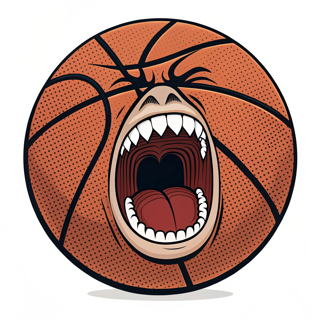 AI generated image by Red Panda AI: Minimalist illustration, featuring a basketball with a large open mouth in the center, as if it is shouting in anger. The design has no eyes, focusing only on the mouth, which shows sharp white teeth in a fierce expression. The lines are clean and bold, with a simple color palette, capturing the intense and aggressive vibe of 'Trash Talk'. overall should be direct and impactful, highlighting the character's energy and attitude.