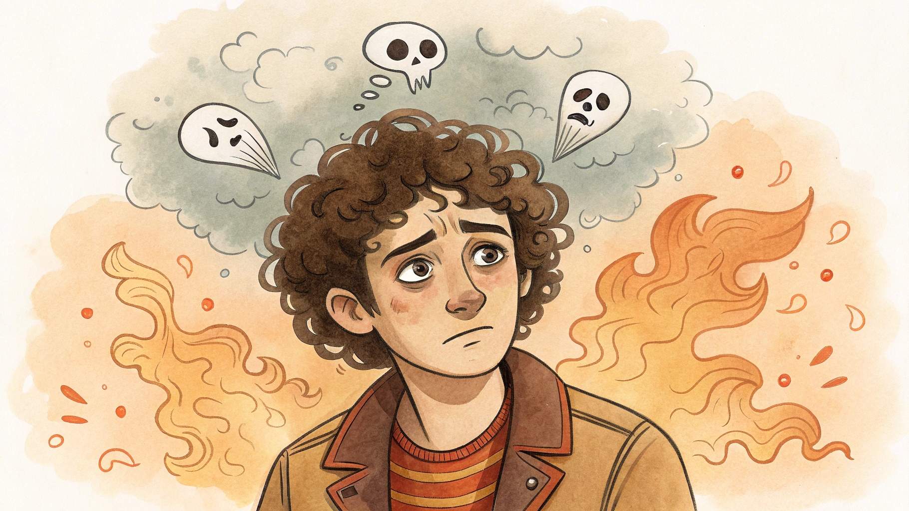 AI generated image by Red Panda AI: Create an image with a watercolor style and a warm and earthy color palette showing a male character that has a style somewhere between cartoon, anime and European comic with curls and 4 eyes having a headache and freeing himself from this pain by expelling smoke, ghosts, and objects coming out of his split skull and exposing his brain.