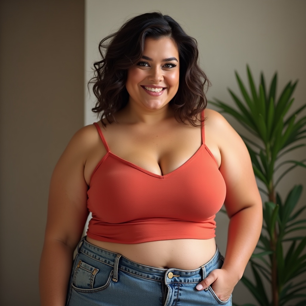 AI generated image by FLUX.1: My curvy wife in a midriff spaghetti strap tank top, highest quality, crystal clear resolution