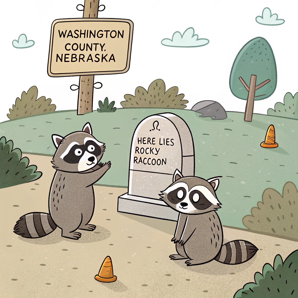 AI generated image by Red Panda AI: raccoon graveyard, tombstone reads "Here Lies Rocky Raccoon", and "Washington, County, Nebraska" sign somewhere, cartoon style