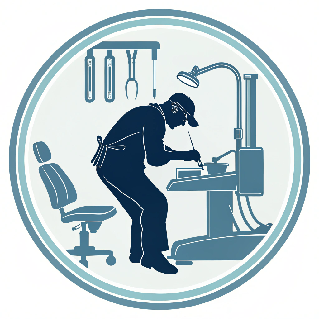 AI generated image by Red Panda AI: Diseña un logo minimalista con la silueta de un técnico en overol reparando una unidad estomatológica. El equipo odontológico debe ser reconocible, mostrando solo los bordes o sombras de los objetos, incluyendo herramientas. Usa un estilo limpio y simple, con líneas finas en tonos azul y plateado para reflejar profesionalismo y tecnología biomédica, sin detalles complejos.