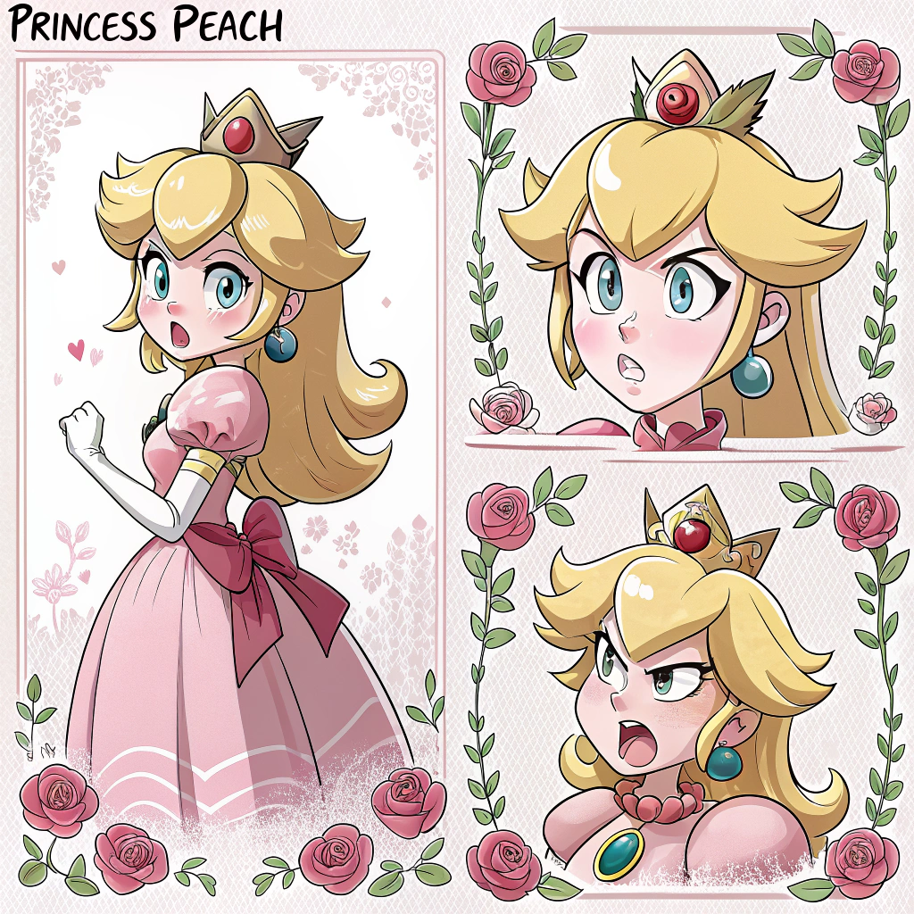 AI generated image by Recraft V3: anime-style character concept for Princess Peach, angry, royal invitation card, rose ivy floral borders. Official nintendo stamp of character design, many views, angles of Princess Peach's iconic golden hair, large stylized blue eyes, pale skin. Horizontal scale lines to show consistent scale and height, geometry sketched over her figure. Many image of her very upset, shouting mad about the essential views of her body, bare skin for animator reference that must be included