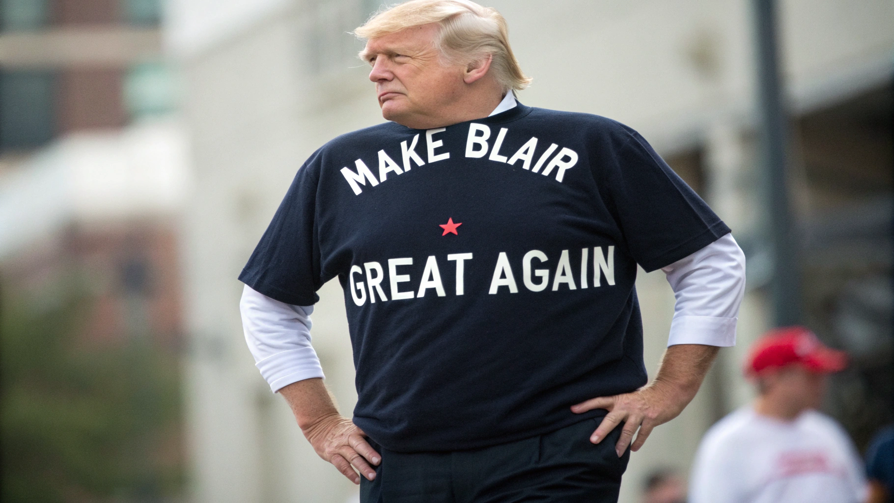 AI generated image by Red Panda AI: Donald Trump wears a shirt that says "Make Blair Great Again"
