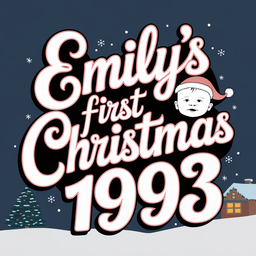 AI generated image by ideogram 2.0: emily's first christmas 1993 pink text design