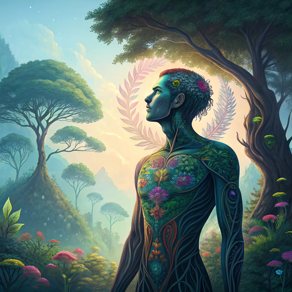AI generated image by Red Panda AI: humanoid in symbiosis with its natural environment, with a surreal and psychedelic touch