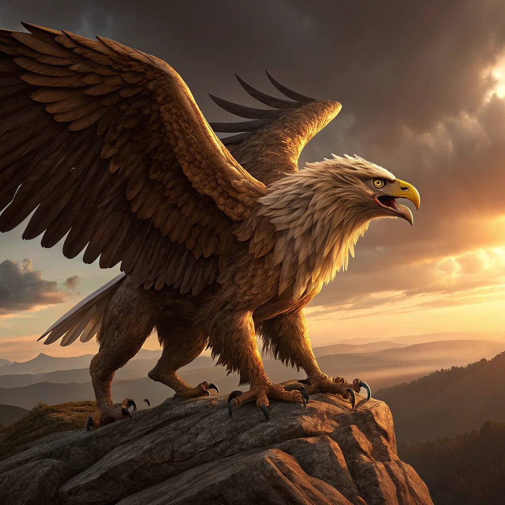 AI generated image by Red Panda AI: Prompt 2: A monstrous humanoid lion-eagle hybrid standing menacingly on a rocky peak, with a muscular build and detailed golden fur partially covering its body, giant feathered wings spread with textured feathers, sharp claws protruding from its hands and feet, a partially fused beak on its face with intense glowing eyes, a dramatic sunset in the background, cinematic lighting with deep shadows, ultra-realistic textures, high definition.