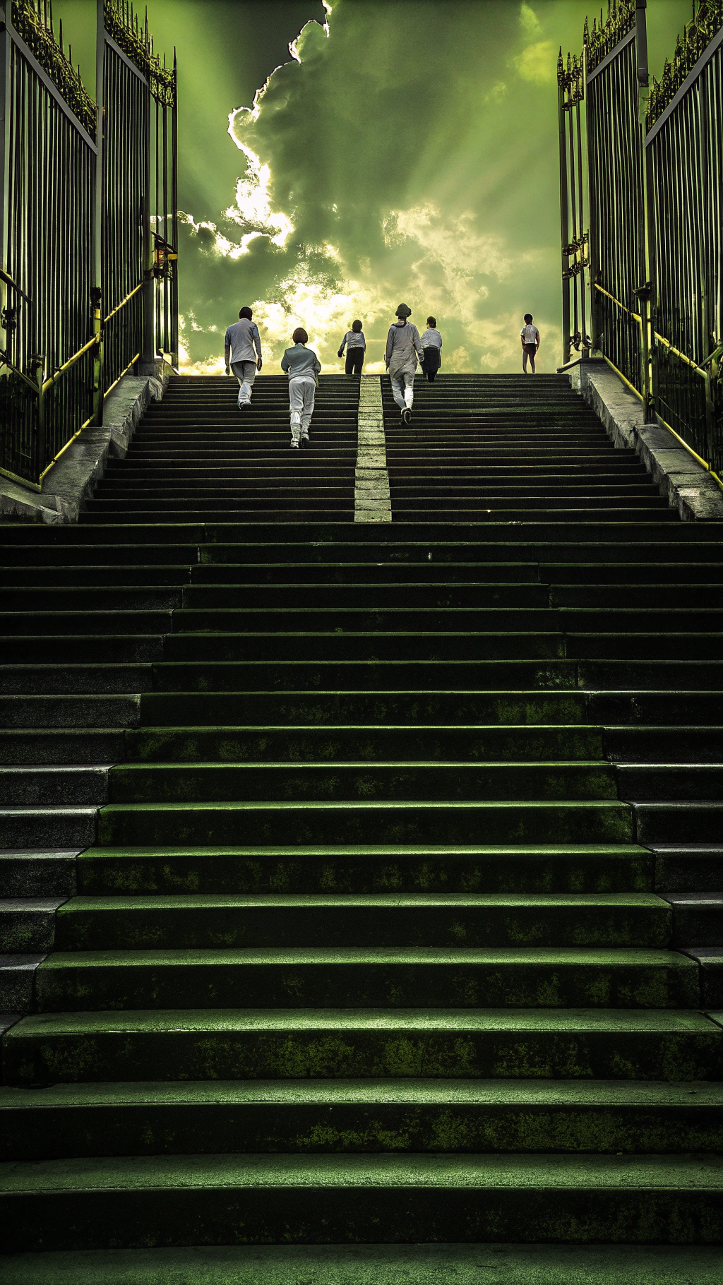 AI generated image by Red Panda AI: _"Create a highly detailed image of a grand staircase leading up to the sky and the Kingdom of Heaven. The stairs should be wide, made of gleaming white marble, and illuminated with a soft, heavenly glow. Surround the stairs with billowing, fluffy clouds, creating a sense of ascending through the sky.

At the top of the staircase, depict the gates of Heaven, made of pearl, glowing with divine light. Show people of all ages and backgrounds walking upwards on the stairs, dressed in white, with expressions of peace and joy on their faces, moving towards the heavenly gates. Include rays of golden sunlight breaking through the clouds, casting a warm and radiant light over the scene.

The sky should be a brilliant blue, with shades of pink and gold from the setting or rising sun. In the background, add hints of celestial beauty, such as distant angels or a faint rainbow, to enhance the sense of entering a holy and divine realm.