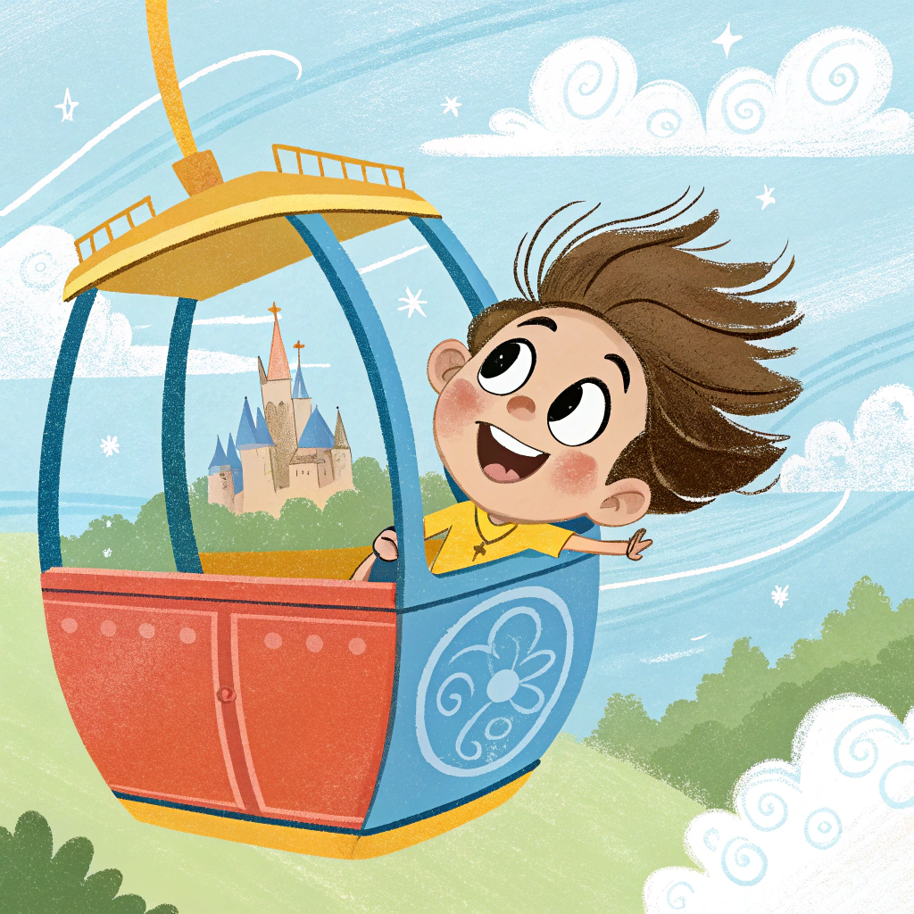 AI generated image by Red Panda AI: A cartoonish child sitting in a colorful Skyliner gondola with big wide eyes and a huge smile, looking out at the fantastic views of Disney parks below. The child is excitedly pointing at the sights while their hair is blown back by the wind. The background features soft, friendly clouds, and a stylized Disney castle peeking out from the distance, capturing the magic of the experience in bright, cheerful colors.