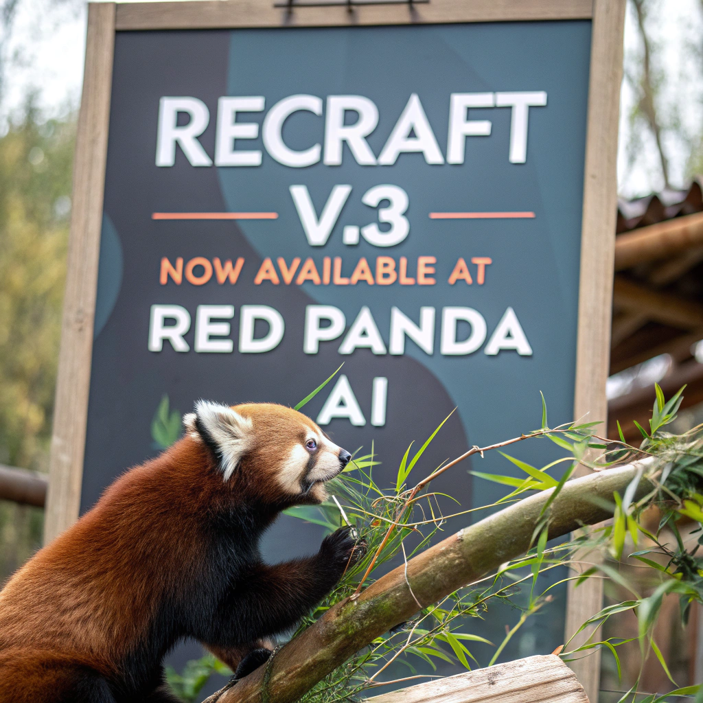AI generated image by Red Panda AI: a red panda eating a bamboo in front of a poster that says "recraft V3 now available at red panda ai