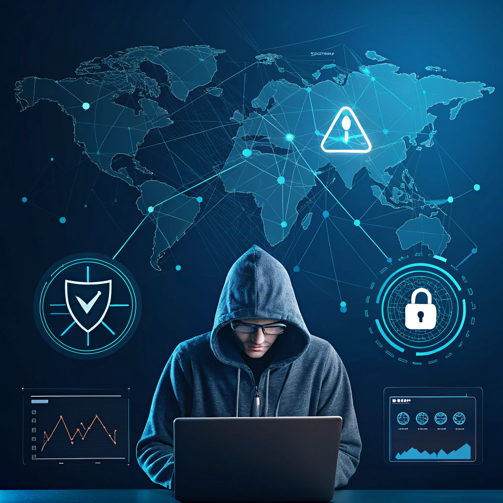 AI generated image by Red Panda AI: "Imagen profesional de ciberseguridad para una presentación sobre ethical hacking y detección de amenazas. Fondo oscuro con tonos azulados y un diseño tecnológico. En el centro, una figura de un hacker con capucha analizando datos en una pantalla. A su alrededor, un mapa de red con nodos comprometidos y un icono de advertencia que simboliza la detección del troyano Grandoreiro. En la parte inferior, una terminal de hacking mostrando líneas de código y herramientas de análisis forense. Elementos visuales como escudos de seguridad y candados para representar medidas de mitigación. Diseño moderno y corporativo, con un estilo tecnológico y minimalista."