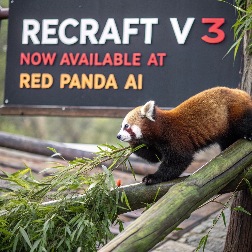AI generated image by Red Panda AI: a red panda eating a bamboo in front of a poster that says "recraft V3 now available at red panda ai