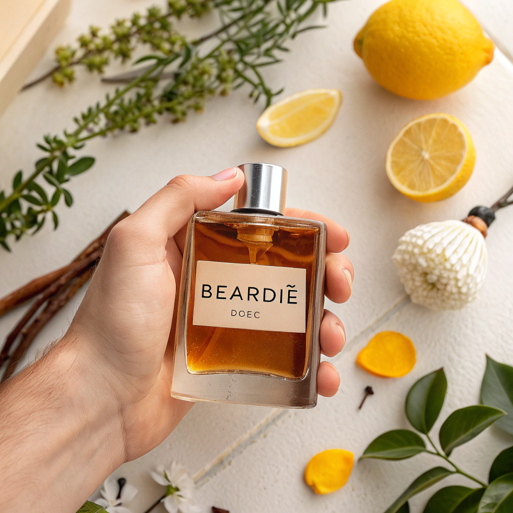 AI generated image by Red Panda AI: imagen de un perfume color amarillento con el nombre de "beardié"  en la etiqueta sujetada por una mano de una modelo y en el fondo las plantas de de vainilla, rosa y limón