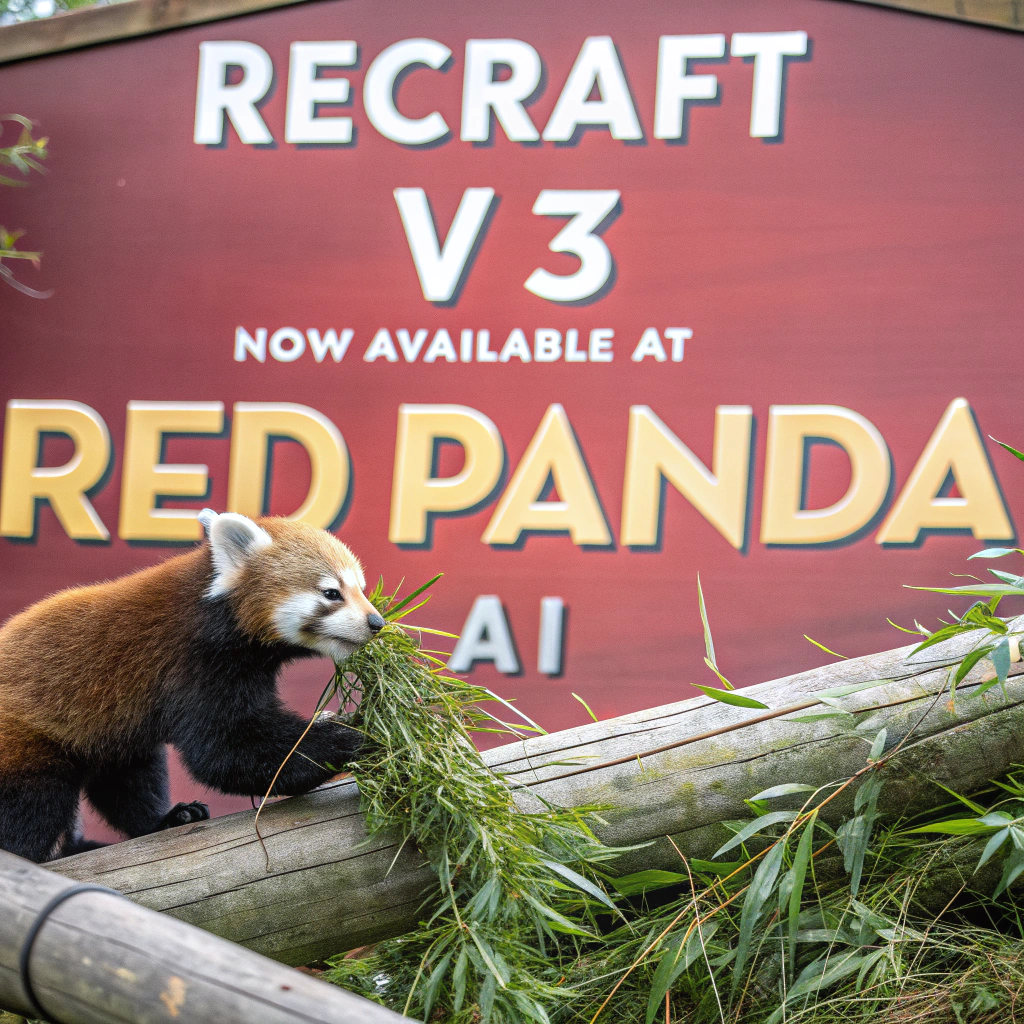 AI generated image by Red Panda AI: a red panda eating a bamboo in front of a poster that says "recraft V3 now available at red panda ai