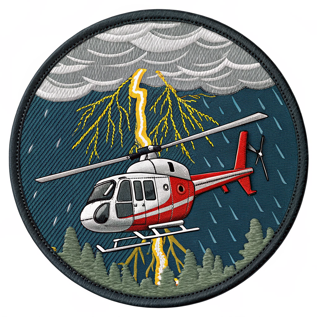 AI generated image by Red Panda AI: A round military patch with a red and white EC120 helicopter in the center. There is a thunderstorm around it with lightning and rain falling. The helicopter is seen from the front and is caught in a vortex effect.