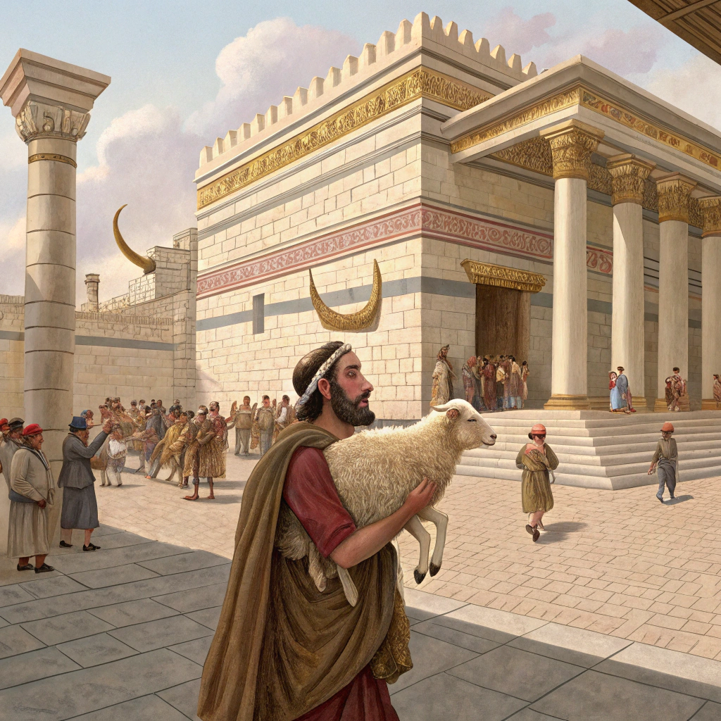 AI generated image by Red Panda AI: A man carries a lamb on his shoulders at the entrance to the Jewish temple of the first century. One horn in each corner.
The man is carrying a lamb that also has 4 horns and spots on the skin. There are many people around and even Roman soldiers. All this is in the 1st century in Jerusalem. The man is carrying the lamb on his back.the lamb is of the so called Jacob's sheep species which have 4 small horns on their heads.