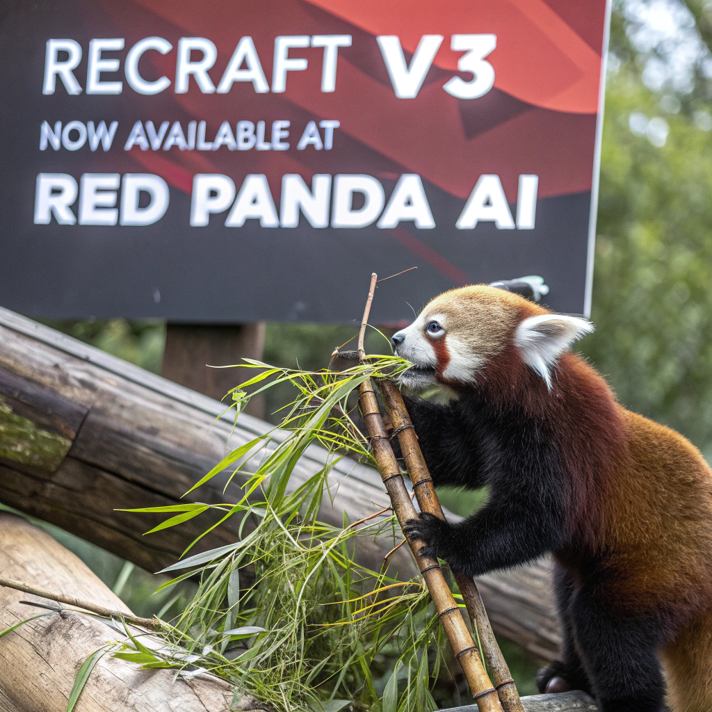 AI generated image by Red Panda AI: a red panda eating a bamboo in front of a poster that says "recraft V3 now available at red panda ai