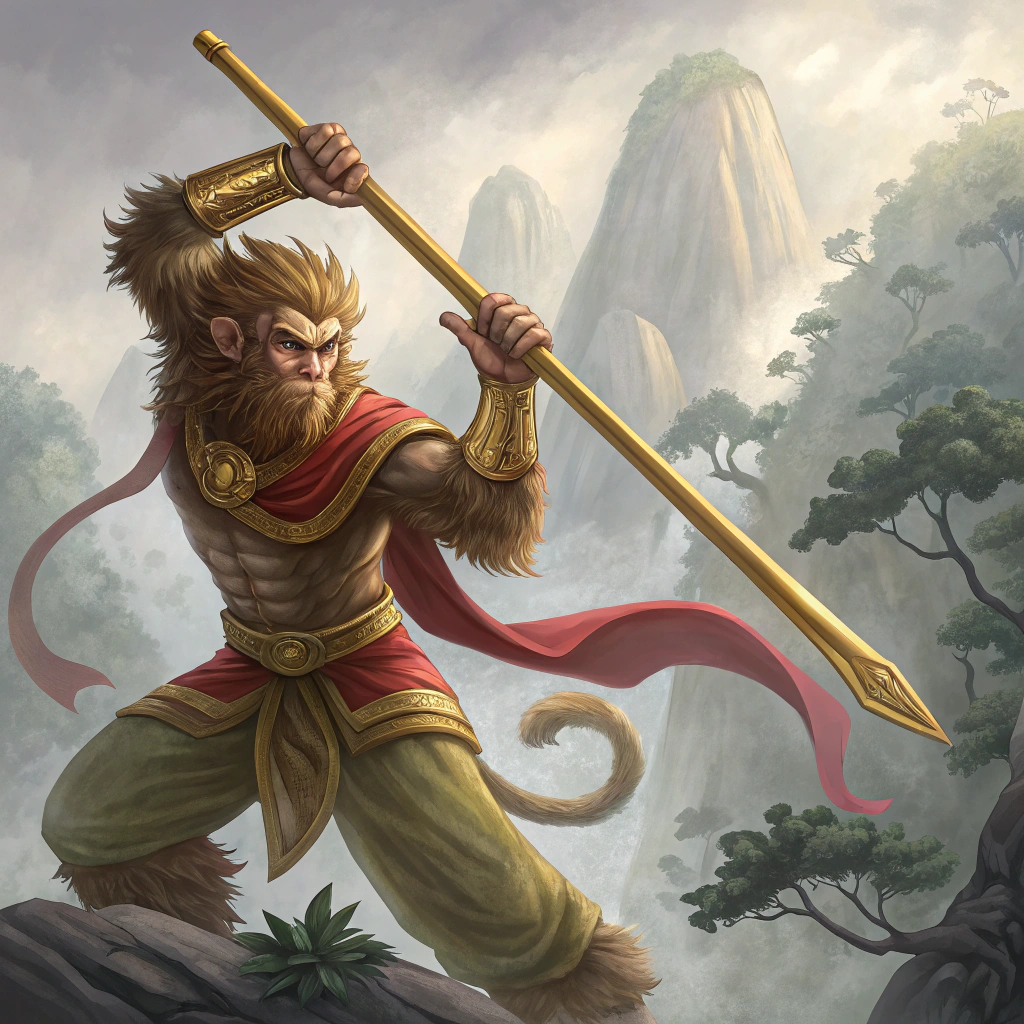 AI generated image by FLUX.1-schnell: Wukong (a mythical and powerful monkey king from Chinese folklore) holds an a golden stick, waving and preparing to charge.