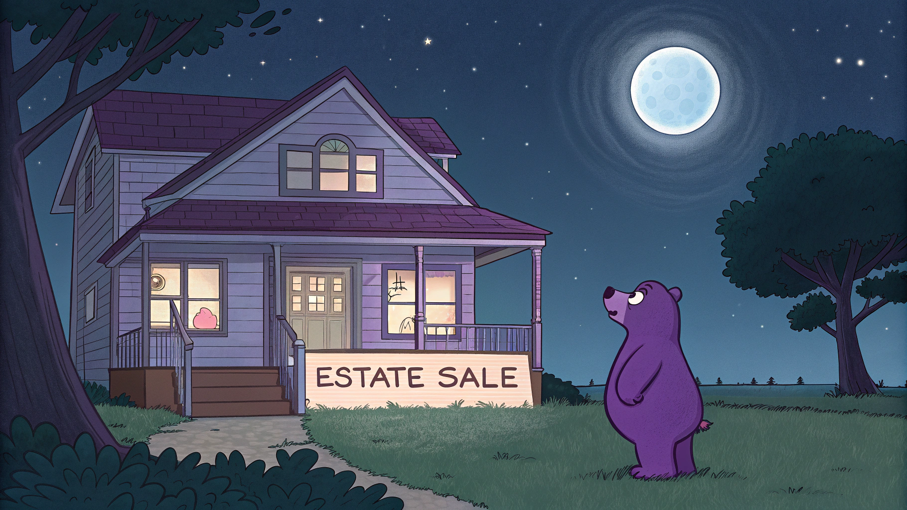AI generated image by Red Panda AI: a purple bear looks up at a blue moon, the purple bear is standing outside a house from the 1920s in Nebraska, there is a sign that says "Estate Sale"