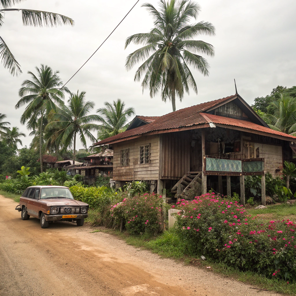 AI generated image by Red Panda AI: 
A smudged photo, 70/80's vibe, Childhood memories, featuring a Malaysian traditional wooden village house, kedah style, with pouch on the front part and rusted roof,a 90's model car,flower bushes in its front yard .A dirt road ,palm trees and bananas trees, rustic atmosphere, gritty effect, memorable, overcast cloud,impian