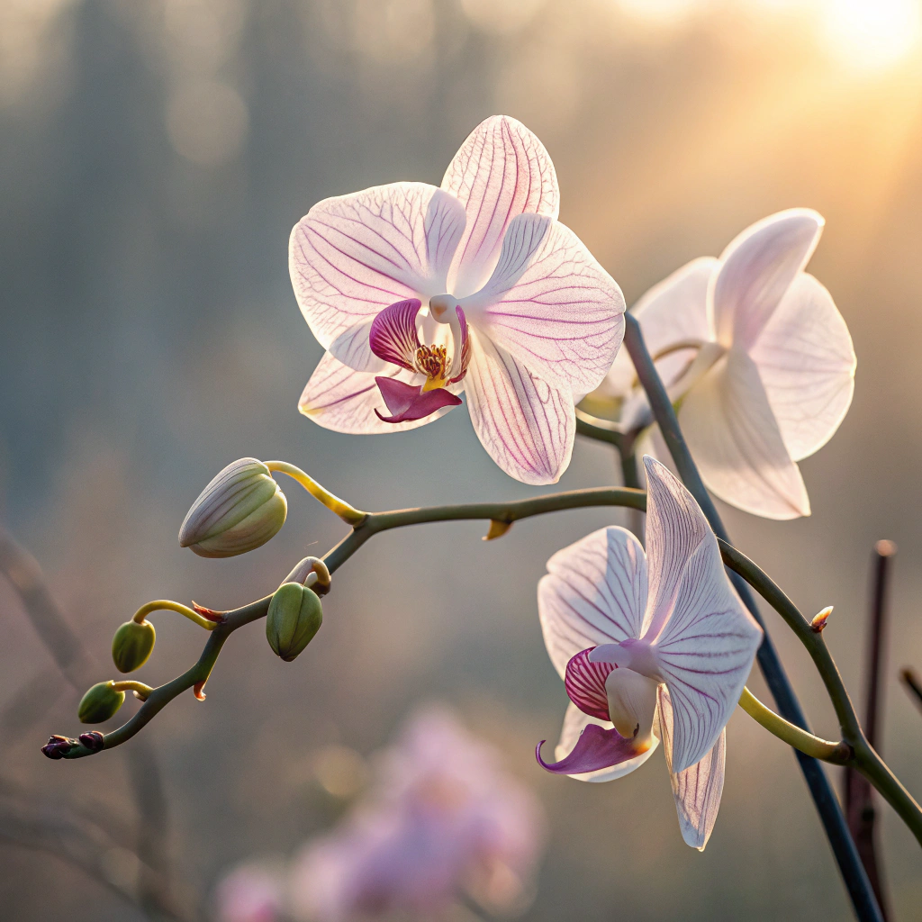 AI generated image by Red Panda AI: Close-up shot of a orchid flower, its intricate petals delicately illuminated by soft sunlight. The background is beautifully blurred, creating a dreamy and ethereal atmosphere