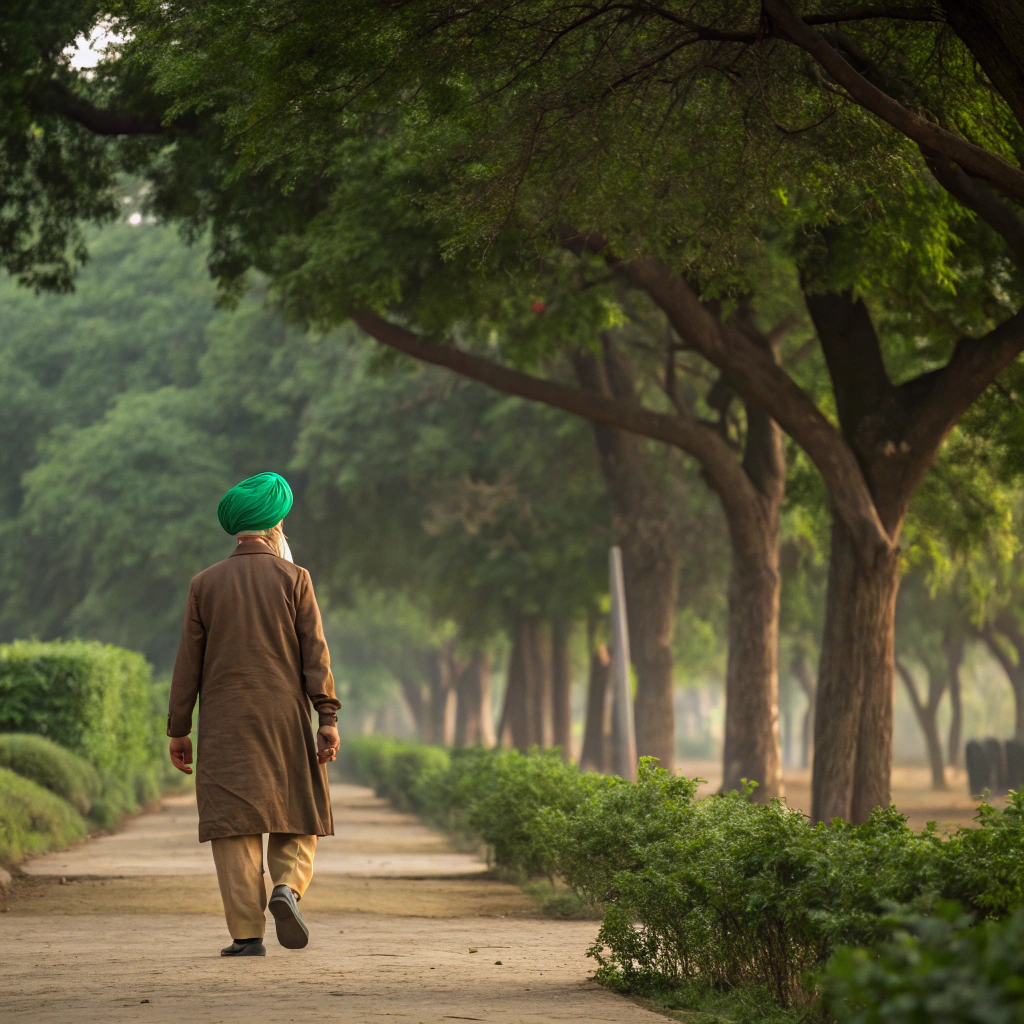 AI generated image by Red Panda AI: A man wearing a green turban and brown clothes walking alone in the middle of a beautiful place with trees