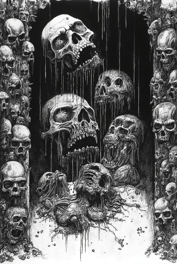 AI generated image by FLUX-Realism-Lora: A black and white illustration in the style of James Warren's Creepy Magazine, with a 1970s aesthetic. The image is a zombie-themed piece of art, with pieces of corpses dripping with blood, grime, and putrefaction. The left and right sides surrounding the image are filled with detailed drawings of rotting corpses, mutilated zombies, and creepy images. The background is completely black, providing a high contrast to the black illustrations. The overall style is old, dirty, underground, macabre, and creepy, with no color except for black ink on the white background, contributing to its gothic and disturbing atmosphere.