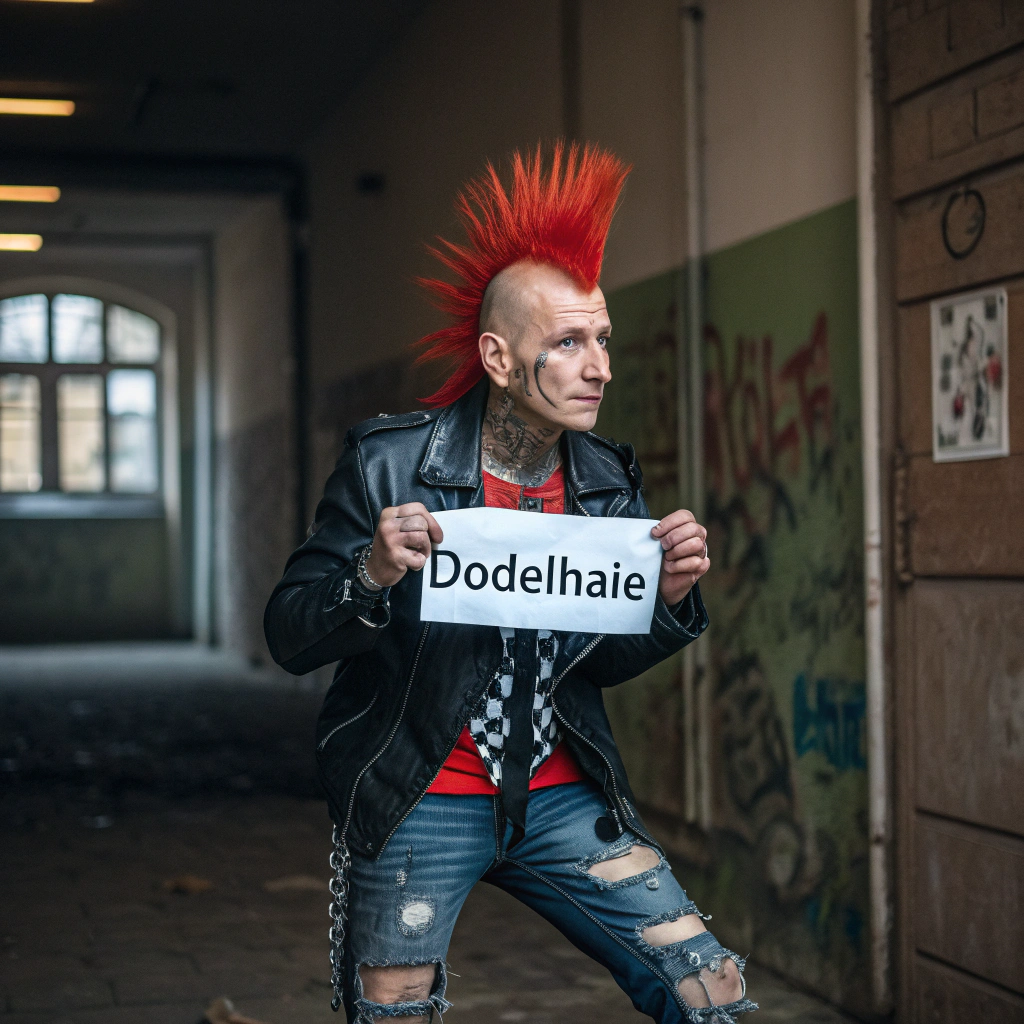 AI generated image by Red Panda AI: An old punk rocker with red mohawak and spiked hair looking into the cammera and holding a sign. It says: Dödelhaie