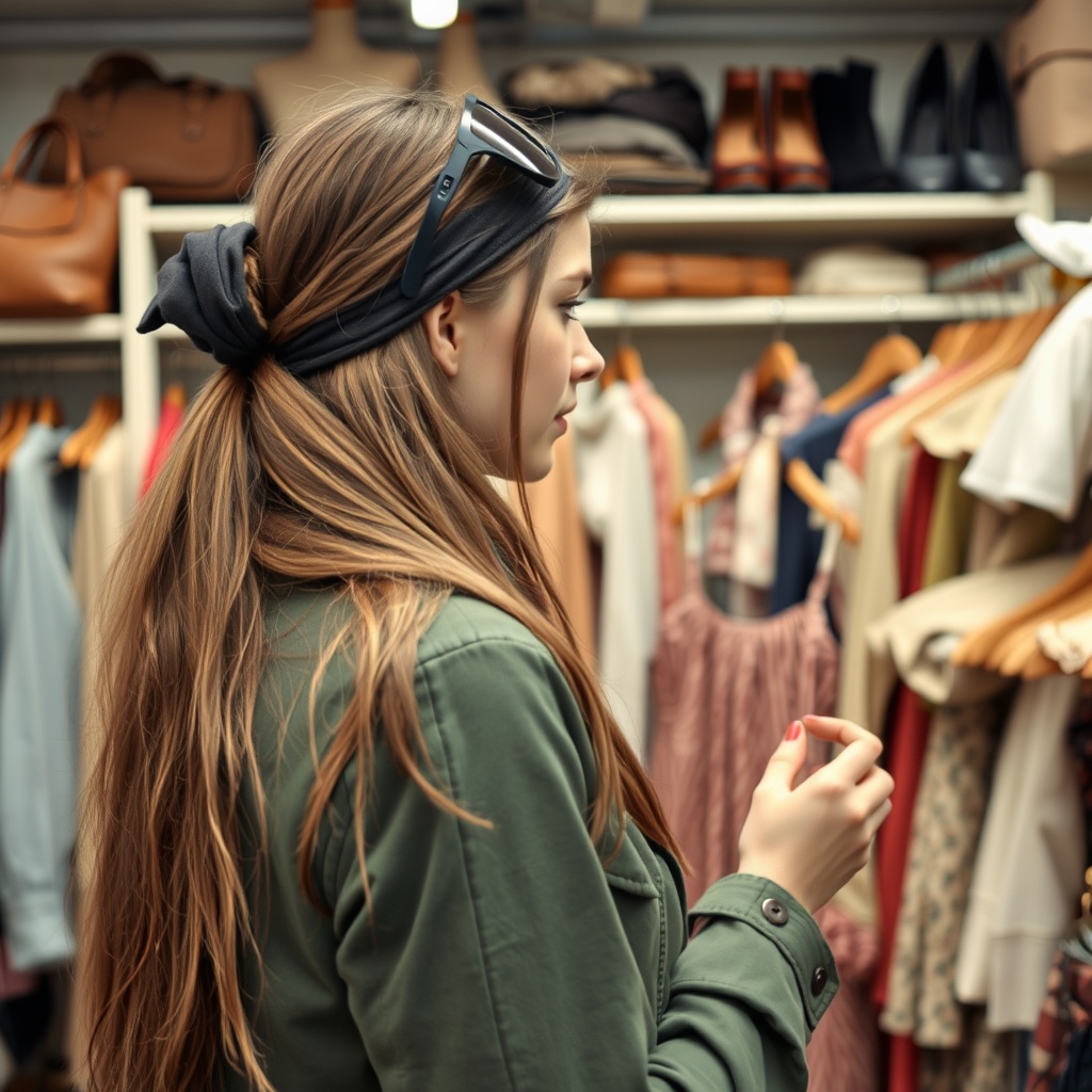 AI generated image by FLUX.1-schnell: Das Bild zeigt das rechte Profil einer jungen Frau mit langen braunen Haaren, die in einem Secondhand-Laden nach Kleidung stöbert. Sie trägt eine grüne Jacke, ein dunkles Halstuch und hat eine Sonnenbrille auf dem Kopf, während sie ein buntes Kleidungsstück prüfend betrachtet. Im Hintergrund sind Regale mit Taschen, Schuhen und weiterer Vintage-Kleidung zu sehen, was eine gemütliche und nostalgische Atmosphäre vermittelt.