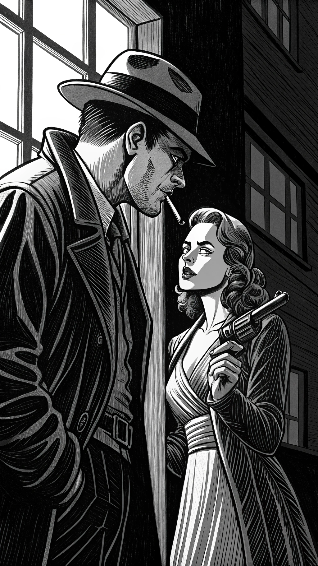 AI generated image by Red Panda AI: Black and white ink drawing, strong lines, highly contrasted chiaroscuro, solid black ink, noir graphic novel style of a man and a woman are represented in a scene that radiates a feeling of mystery and intrigue. The man, wearing a fedora hat with a cigarette held casually to his lips, appears to be in deep thought or perhaps up to something. His companion, the woman, is elegantly dressed in a strapless dress and is holding a gun, adding an element of danger to the scene. The background suggests that they are in a room with a window, suggesting that it could be set in a private residence or perhaps a speakeasy. The art style leans toward film noir, evoking a sense of classic crime fiction. masterpiece.
