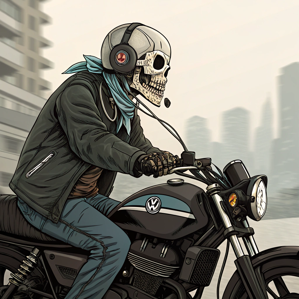 AI generated image by Red Panda AI: medic Skull wearing a stethoscope riding a yamaha