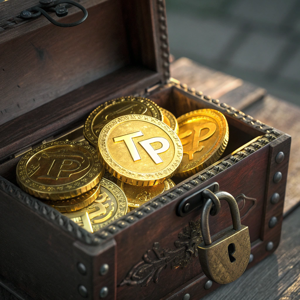 AI generated image by Red Panda AI: Treasure chest open showing gold crypto currency coins with TP embossed on them.