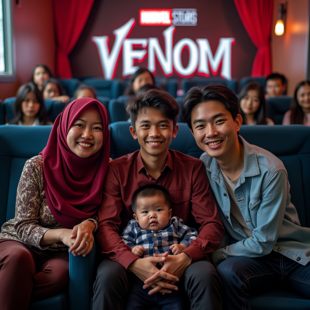 AI generated image by FLUX.1-pro: " IMG_1024.HEIC " Malay Muslim family  in cinema with in Venom poster behind them