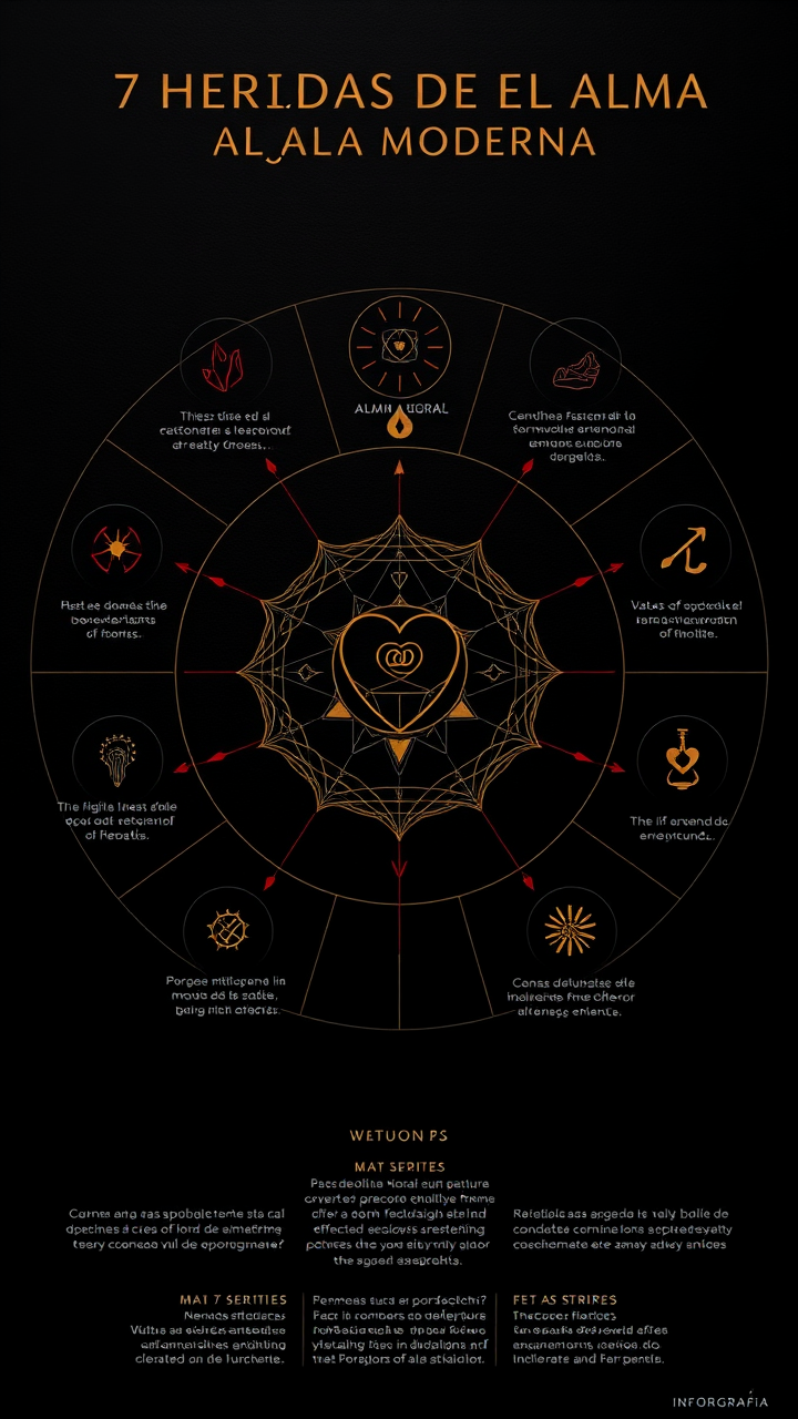 AI generated image by FLUX.1-schnell: INFORGRAFÍA:

Create a symbolic infographic titled "7 Heridas del Alma Moderna" with a mystical, poetic, and ritual-inspired visual style. The infographic must be circular or structured as a perfect heptagon, where each of the seven wounds occupies exactly one of seven equal segments radiating around a central symbol.
It is essential that the diagram be divided into 7 equal parts only — no more, no fewer. Do not divide into 8.

This central symbol should represent the “alma digital” — such as a fractured heart, a meditating human with glitch effects, or a sacred spiral — suggesting spiritual disconnection in the digital age.

Use a deep matte black background (#0F0F0F) to evoke depth and mystery. Accents should include gold (#FFD700) for sacred highlights and deep red (#8B1A1A) for the wounds.
Design must incorporate elements of sacred geometry, minimalist ritual symbolism, and psychological depth.
Icons in each segment must align with the symbolic theme of each wound.

Typography must reflect elegance and meaning:

Use Cinzel or a similar serif font for titles.

Use poetic serif fonts like Cormorant Garamond for body text and phrases.

Avoid modern or decorative fonts.

It is essential that the infographic contains exactly and only seven segments — no more, no fewer.
Each segment must display:

One wound title at the top (in Spanish, exactly as written).

Its corresponding poetic phrase below it, in smaller font size (also in Spanish, and exactly as written).

These are sacred textual components: do not translate, rewrite, paraphrase, or omit any word.

The seven wounds and their exact titles and phrases are:

Icon: Infinite spiral
Title: Adicción al estímulo
Phrase: "Buscas sin saber qué… y cada clic te aleja más del centro."

Icon: Empty human silhouette with gears
Title: Despersonalización emocional
Phrase: "El alma grita mientras la mente programa."

Icon: Broken mirror or multiple masks
Title: Comparación constante
Phrase: "La sombra crece cuando se mide con la luz ajena."

Icon: Network node with no center
Title: Hiperconexión superficial
Phrase: "Conectado a todos, conectado a nadie."

Icon: Incomplete human puzzle
Title: Fragmentación identitaria
Phrase: "Cada identidad digital te aleja del que observa."

Icon: All-seeing eye over binary code
Title: Exposición compulsiva
Phrase: "Te gritas al mundo… pero ¿te escuchas tú?"

Icon: Extinguished candle in a digital web
Title: Desencanto espiritual
Phrase: "El conocimiento sin ritual seca las raíces del alma."

At the center or bottom of the design, you may optionally include the following reflective phrase, in Spanish and using a subtle tone:

"Reconocer la herida es el primer paso para recordar quién eres."

The final design should feel like a sacred map for soul awakening in the digital age:
symbolic, contemplative, elegant, and emotionally resonant.
Be precise and respectful with layout, language, and symbolism.