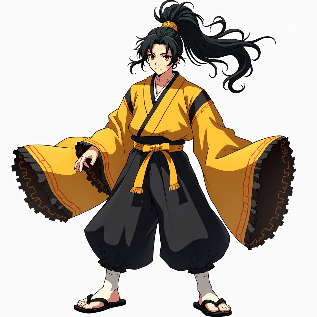 AI generated image by FLUX.1: A beautiful young anime man with, long, tousled black hair tied in high ponytail with golden ornaments that resembles a kanzashi. His golden eyes glimmer with intensity, framed by fair skin and a slender, muscular build. Draped in a flowing yellow-black kimono, wide sleeves flutter gracefully, accented by red stitching that highlights his form. Beneath, dark black hakama pants create a rich contrast, while a large black-yellow obi belt cinches his waist, the bow elegantly tied at the front. Traditional sandals with black soles and yellow straps complement white socks, exuding an aura of both allure and intimidation, his cold, reserved expression