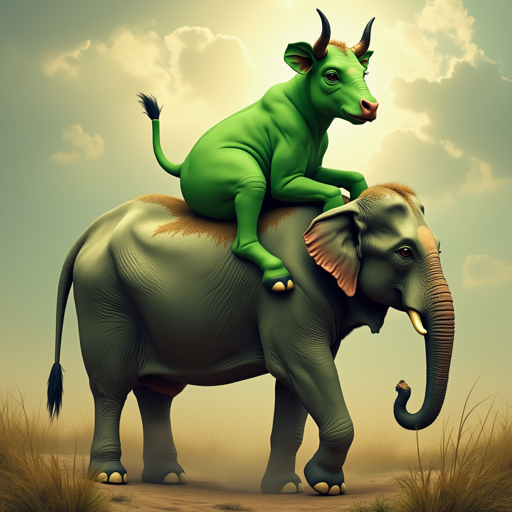 AI generated image by FLUX.1-pro: A green cow riding on elephant.