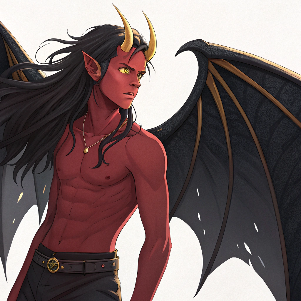 AI generated image by Red Panda AI: red skin demon teen, no horns, black wings with golden details, long hair,his eyes are yellow and he dont have t shirt, have the same pants as majin boo, all in anime style, no horns.