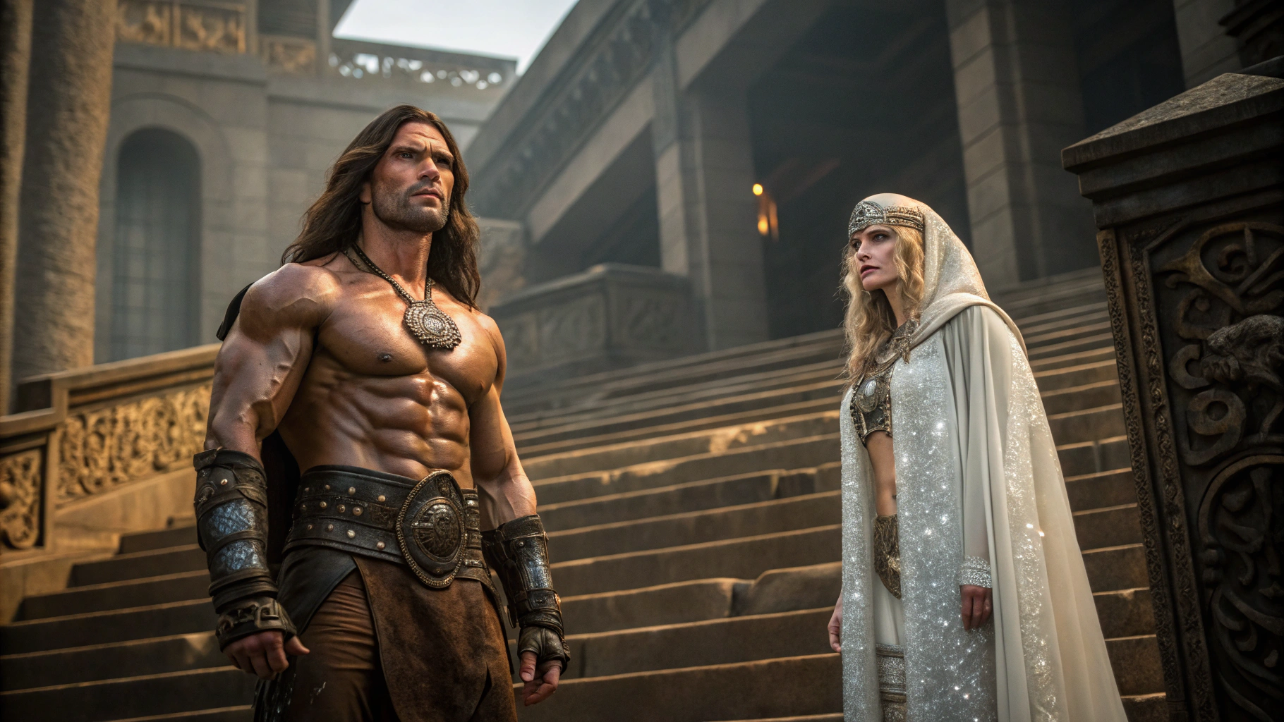AI generated image by Recraft V3: 80s Fantasy Movie style, 1950 Panavision, heroic fantasy scene, massive stone palace steps, cinematic shot of a muscular barbarian warrior and ethereal sorceress on ancient stone steps, shirtless warrior wearing leather bracers and bronze medallion, weathered face, long dark hair, glistening muscles, rugged brown leather pants, stoic expression || mystical woman in translucent flowing robe with intricate silver embroidery and sparkling details, hooded veil, pale skin, dark straight hair, ornate jewelry, seductive pose, ethereal beauty || grand marble staircase, greco-roman architecture, dramatic side lighting, moody atmosphere, deep shadows, warm highlights, epic fantasy aesthetic, 1980s practical effects, film grain, anamorphic lens, Kodak motion picture film, golden hour lighting, high production value, ultra detailed, photorealistic, high contrast, dramatic composition --ar 16:9 --style raw --cinematography by John Alcott 