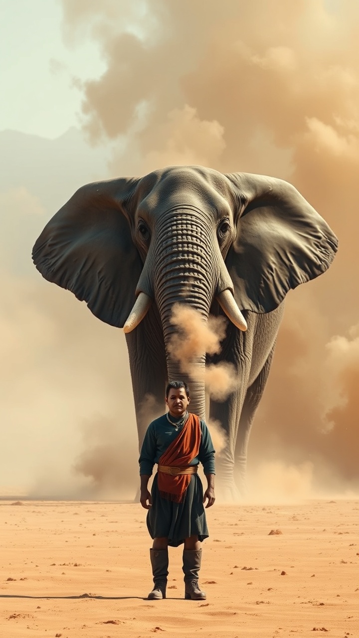 AI generated image by FLUX.1-schnell: desert landscape, cinematic shot of a man standing calmly in front of a towering elephant, dust storms swirling in the distance, both radiating power and wisdom.