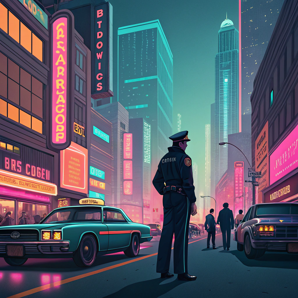 AI generated image by Red Panda AI: 80s vibe city and one police man in middle picture