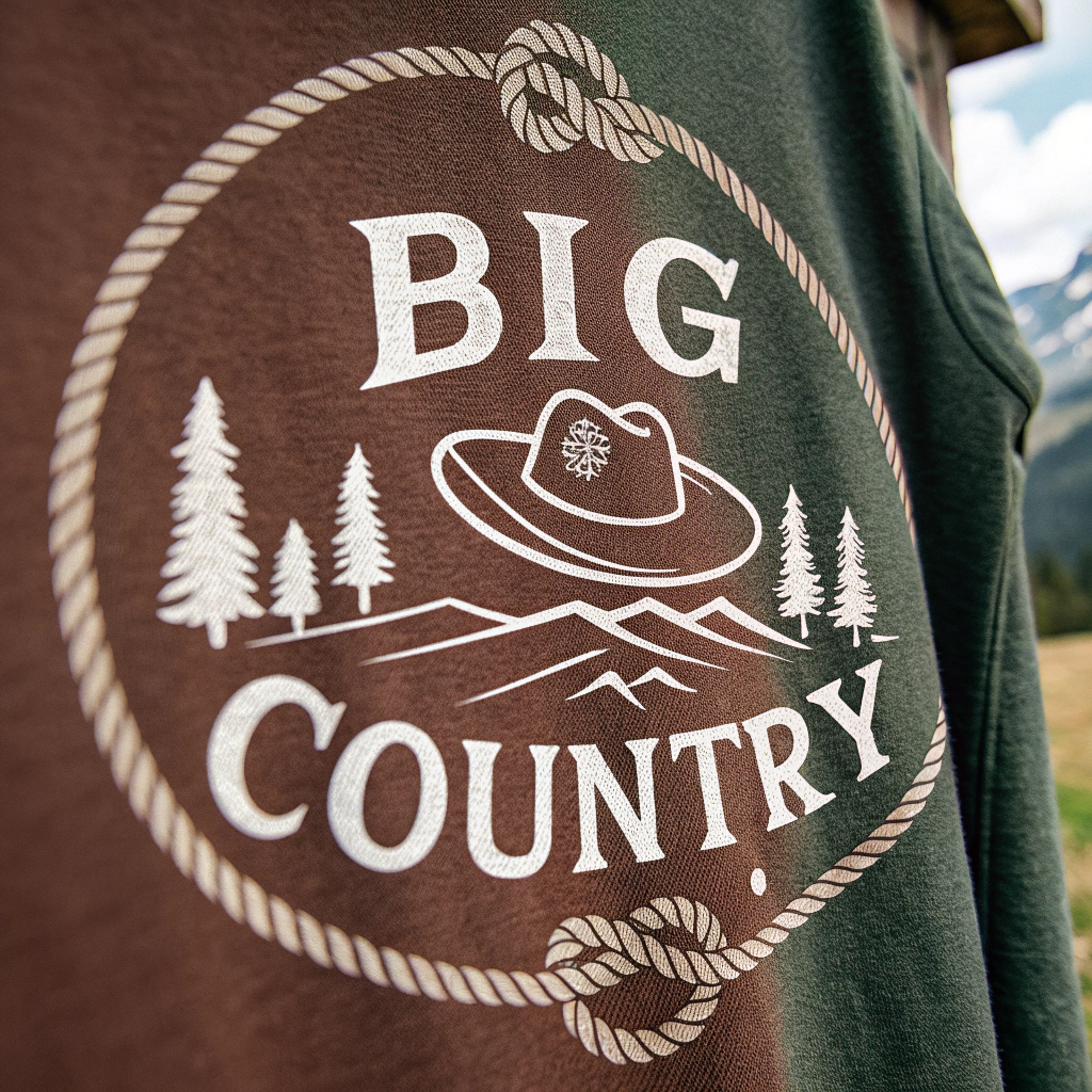 AI generated image by Red Panda AI: Generate a high resolution logo for a clothing brand .the text “big country” with “big” on the top and “country” on the bottom. I want the text be white with a bold western style font. Bend the text “big country” into a circular motion and add a farm-wear logo in the middle.