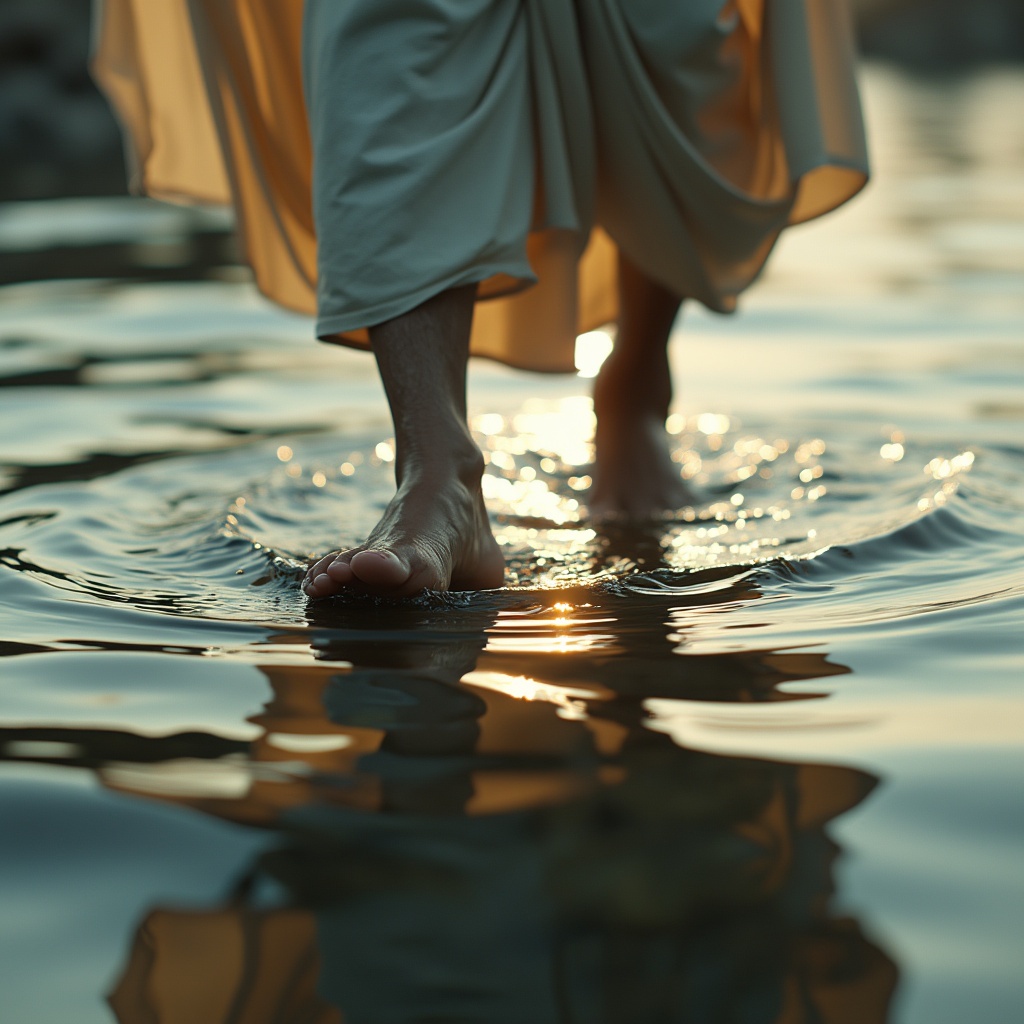 AI generated image by FLUX.1-pro: A serene, cinematic scene focusing on the lower legs and bare feet of a figure resembling Jesus as he walks across the surface of a gently rippling body of water. The camera begins with a low-angle close-up shot, capturing each step with a smooth dolly-back movement, keeping the focus on the interaction between his feet and the water's surface. The water reflects soft glints of light, creating a shimmering effect that highlights the mystery and spirituality of the moment. Each ripple disperses smoothly, undisturbed by his footsteps, suggesting a supernatural calmness. His robes, depicted in photorealistic detail, flow naturally with each step, their hem just skimming the water, adding a soft, ethereal motion that enhances the tranquility. The lighting is natural, with a soft, diffused glow, possibly from a low sun, casting subtle highlights and creating a calm, almost otherworldly atmosphere. Shot in IMAX quality, the scene captures every texture, from the minute folds in the fabric to the intricate reflections and play of light on the water. The camera’s ultra-smooth movement emphasizes a timeless, reverent tone, evoking awe and peace in the viewer. The hyper-detailed photorealism and cinematic HD quality give a heightened sense of realism, immersing the audience in this symbolic, profound moment of calm amidst nature.