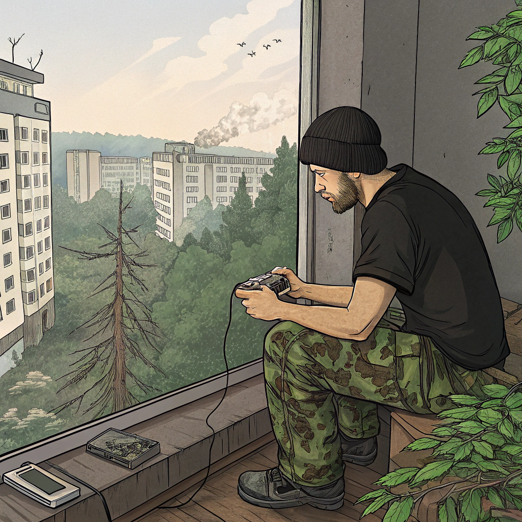 AI generated image by Red Panda AI: dmz comic inspired realist art of a 35 years old guy using dccu camouflage pants, beanie and a black t-shirt playing mega drive inside a high rising apartment in a city destroyed by civil war in a southeastern asian fictional island country. Melancholy, sadness, nature decay, heavily forest green, cyberpunk colors. based on 