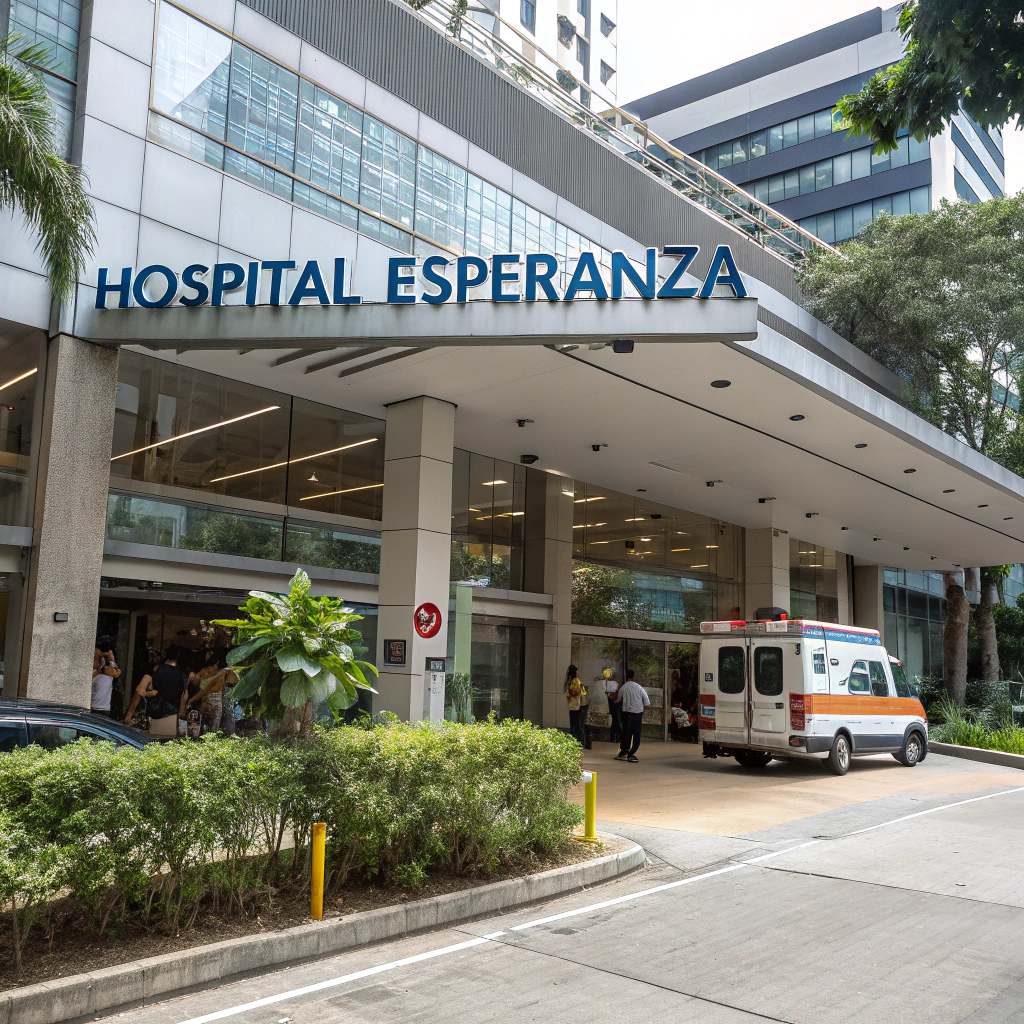 AI generated image by Red Panda AI: Quiero crear la entrada de un hospital con el nombre HOSPITAL ESPERANZA que tenga el nombre en la fachada con letras azules de acero inoxidable de bue tamaño, que sea de estilo moderno y , con puertas grandes de vidrio, iluminado, en el centro urbano, con una ambulancia estacionada en su exterior, y la señalización propia de un hospital general. 