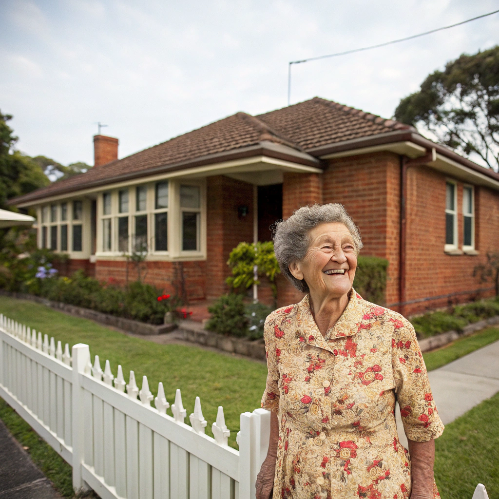 AI generated image by Red Panda AI: simling elderly woman standing in front of her australian government supplied brick house
