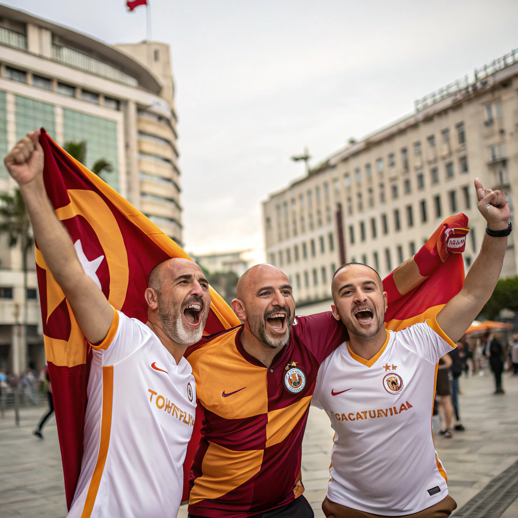 AI generated image by Red Panda AI: 3 galatasaray team supporters. one of them is bald. they are cheering up. in front of katip Çelebi university in İzmir 