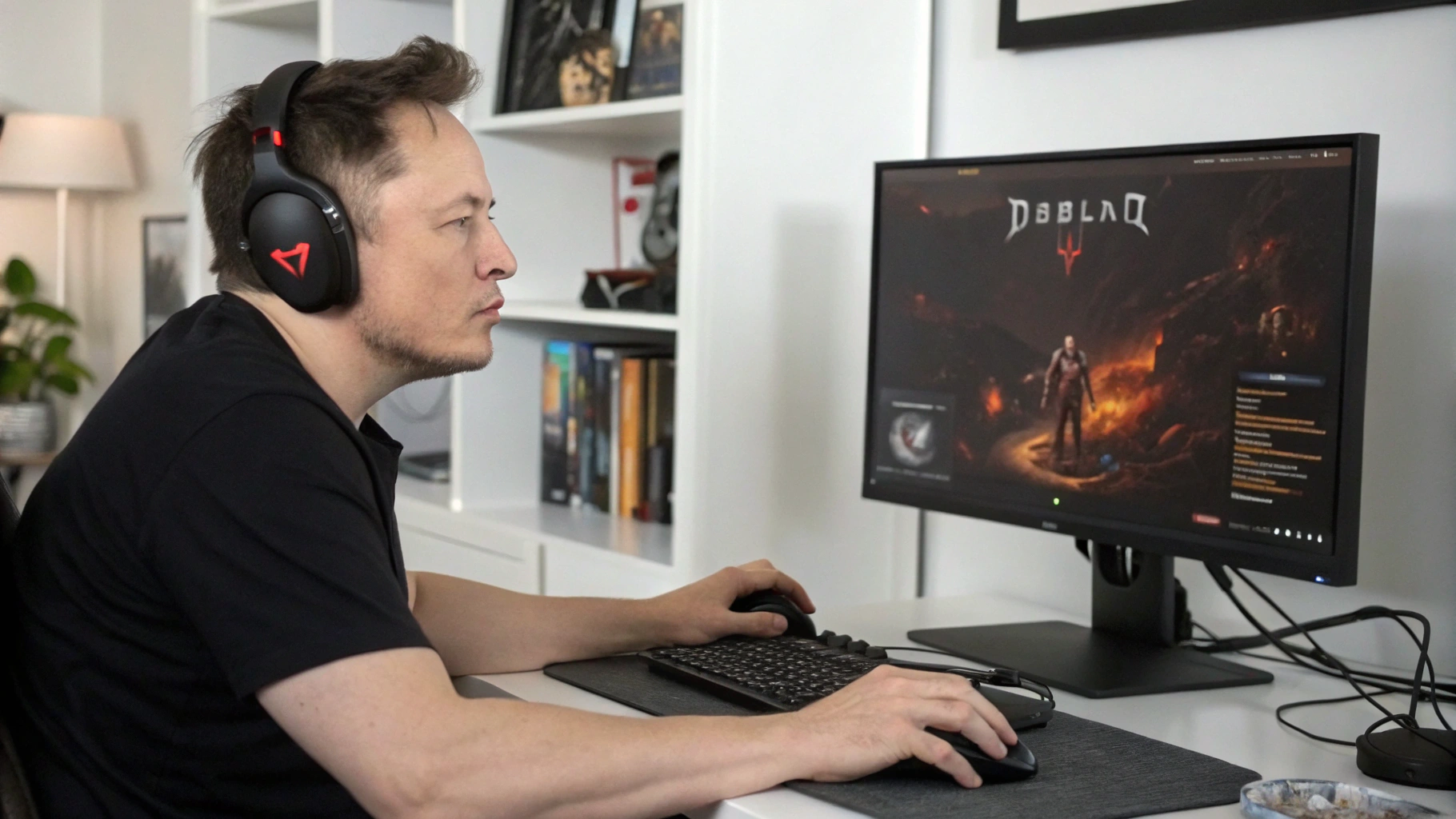 AI generated image by Red Panda AI: Elon Musk en train de jouer à Diablo 4 sur un PC.