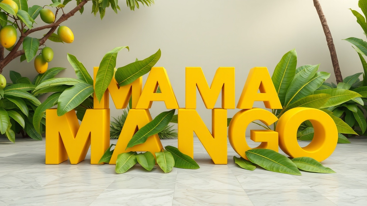 AI generated image by FLUX.1-schnell: Create a 3d version of the text MAMA MANGO. The text's iconic yellow should be preserved, and the name 'MAMA MANGO' should be clearly visible . Enhance the text with green mango leaves for a sustainable look. The surroundings should be calm, 