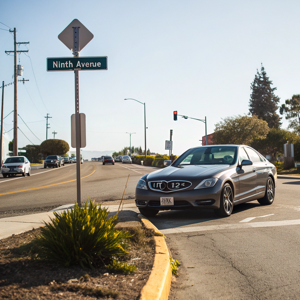 AI generated image by Red Panda AI: On a sunny day, A Mercedes-Benz with license plate number is "UTD 123" is parked at an intersection. Next to the intersection is a road sign that says this is Ninth Avenue.